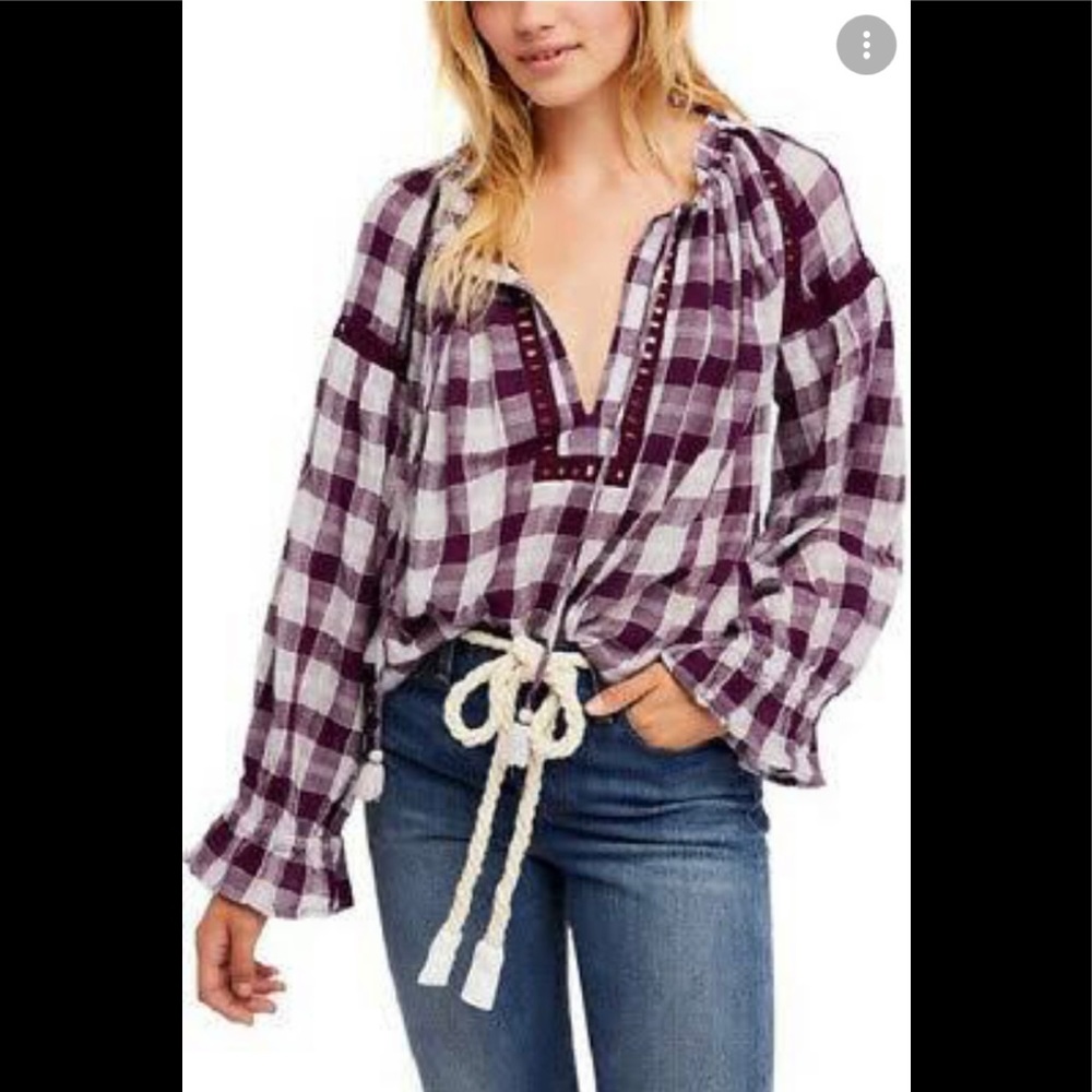 Free People long sleeve peasant purple gingham blouse Top size small